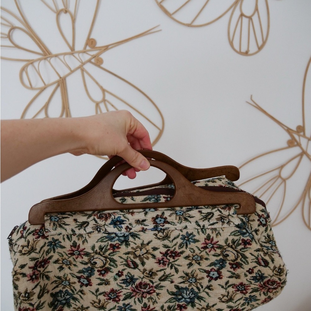 Vintage Tapestry Handbag with Wooden Handles